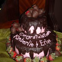 Sloppy But Yummy this was my sister's graduation cake. she requested "fudge frosting" and "chocolate covered strawberries". fudge...