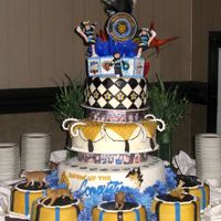 All-Star Cheerleading All -Star Cheer banquet cake with satelite cakes to represent each team. Blocks on top have all the logos from each competitions we...