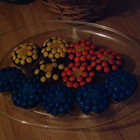 Flower Cupcakes These are cupcakes with buttercream colored purple and m&ms for the petals and colored sugar for the center.