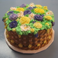 Purple Yellow Basket Cake 8" round, 2 layer yellow cake with buttercream frosting