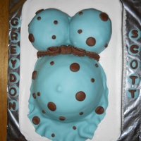 Greydon's Baby Shower Cake Used Wilton Sports ball pan for belly and muffin pan for boobies.