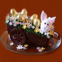 Happy Easter Bunny! The actual cake is the carriage! The cake was covered with chocolate and then textured. The bunny was made with gum paste. All flowers are...