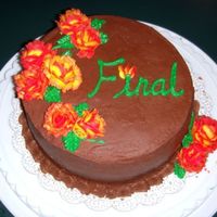 Wilton Course 1 Final Cake My last cake for course 1! I used chocolate buttercream icing, then the roses are yellow on the bottom and red on top, I love the contrast...