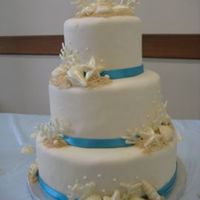 My First Wedding Cake chocolate/vanilla cake, white chocolate shells, white chocolate coral, crush nila wafers as sand. Thanks sooo much for everyone who helped...