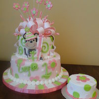 Little Monkey First Birthday Cake...gotta love the little monkey! Covered in fondant. TFL! Sorry colors a little washed out in picture!