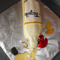 Tequila Bottle This is a Chocolate Kahlua Vodka cake with Voldka buttercream covered in Vodka flavored MMF .. airbrushed to give it the yellowish color ....