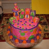 First Birthday Cake Birthday cake for my nieces first birthday! Two layer 10" cake. Rice krispie blocks covered in fondant. Fondant figure. Fondant Polka...