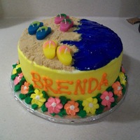 Beach Cake This cake was done for a beach lover's birthday! Royal Icing Swirl drop flowers, blue tinted piping gel for the water, brown sugar...