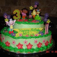 Dora Birthday Cake 2 tiered cake Chocolate on bottom and butter on top filled and iced with BC, fondant accents. Cake was done thanks to everyone on the board...