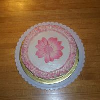 Pink Flower Cake Two layer cake, one chocolate layer and one french vanilla layer. BC icing, edible image and pink sparkle dust.