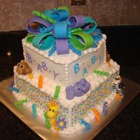 Zoo Animals Babyshower Cake This is a two tier cake with buttercream icing. All animals, flowers, and the bow I handmade with fondant.