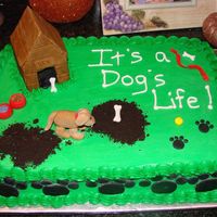 Dog's Life Cake This is just a sheetcake covered in buttercream icing to look like a yard with a dog. I made the dog house, dog, his bowls (with fondant...