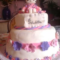 Hello Kitty Cake This is my second fondant cake, I know that I exaggerated with my flowers but I think its cute. The first layer is made of three layers of...