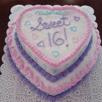 Chelsea's Sweet 16 Top layer is cherry chip. Bottom layer is yellow cake with chocolate bavarian filling. All frosting is buttercream.