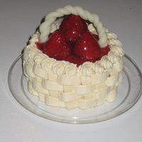 Strawberry Shortcake Basket Mini cake for two, strawberry filling, vanilla cake, basketweave, white chocolate handle.