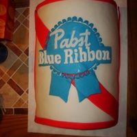 Pabst Blue Ribbon 4- 8" rounds cut in half. The rest is fondant...it was raining outside and the cake was not covered, so there are a few rain drops on...