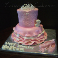 Pink Ballerina Tutu Cake 9 inch round with ruffled layers as the tutu and 2 - 6 inch and 1 - 8 inch stacked and carved to make the bodice. Ballet slippers,...