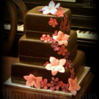 Chocolate Brown Wedding Cake With Pink/purple?fuschia Flowers 