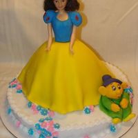 Snow White Birthday Cake Snow White Cake. Fondant covered dress and fondant Dopey figure. Buttercream icing with royal icing flowers.