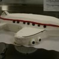 Airplane cake carved into an airplane the top fin of the tail is a piece of cookie