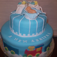 Train - Baby Boy Shower Cake matches shower invitation. Chocolate Cake with Raspberry Mousse. Covered in Fondant. Decorations are gumpaste and fondant. TFL.