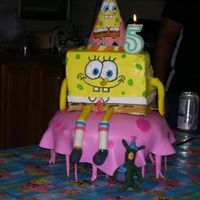 Spongebob Squarepants SB is entirely cake, with fondant arms legs and nose. The jelly fish is cake on a glass display covered in fondant.