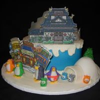 Club Penguin Buttercream. Gumpaste with edible image buildings, RKT and fondant figures. The village, the dojo and the fire dojo.
