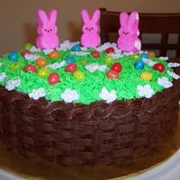 Peeps In Easter Basket chocolate buttercream basket weave, buttercream grass with some peeps on top