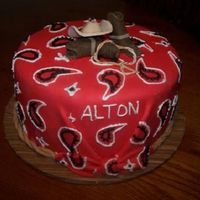 Cowboy Baby Shower paisley print on red fondant, gumpaste hat and boots