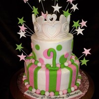 First Birthday one layer strawberry and one layer choco iced in butter cream, lime green and pink, strips and circles with fondant and gumpaste tiera. I...
