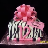 Zebra Print Big Bow 8" square white cake black zebra print big pink bow