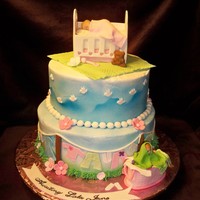 Baby Shower Cake With Crib And Clothes Basket 6" & 10" bottom cake is choco and the top is strawberry. The crib is made of 1/2 gumpaste and 1/2 fondant, mattress made of...