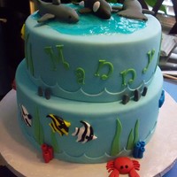 Ocean Cake 10" and 8" offset. Peanut butter cake with chocolate filling.Sharks, Killer Whale & fish made of fondant.TFL!