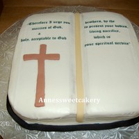 Bible This is my first time making a book cake. It's a bible verse on edible paper, fondant cross, coconut cake with coconut filling, and...