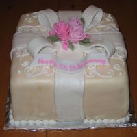 35Th Anniversary fondant gift box cake /fondant roses, bow, ribbon