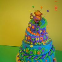 Monkey Topsy Turvy The monkey and decorations are fondant. I made the cake from the colors and pictures on the invitation.