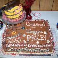 Basketball Grad Cake 09 made this for my brothers highschool graduation. it's half triple choc with choc fudge filling and half french vanilla with white choc...