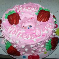 Strawberry Stuffed Cake a hollowed out angelfood cake, stuffed with strawberries and whip cream, "rustic" iced with whipcream and added strawberries...