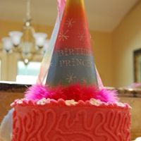 Princess Pink Birthday Cake pink princess birthday cake, 2 eight inch rounds, buttercream, filled, royal icing apple blossoms, 18 shells, cake sparkles, princess hat...