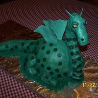 Green Dragon Green Dragon for my grandsons 8th birthday. His head has a metal pipe in it then it's covered in Chocolate and then in rice crispie...