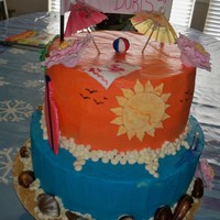 Beach Cake chocolate chip chocolate cake bottom, butter cake top. buttercream frosting. fondant accents. And chocolate hazeal nut shells