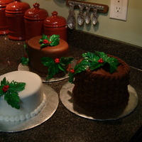 Christmas Cakes With Holly White fondant, chocolate fondant and one chocolate basketweave. I made the holly and berries out of gum paste.