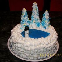 Christmas Snow Cake I made this cake from an example in a favorite magazine. It is just a round cake with marshmellows around it. I used sugar icecream cones...