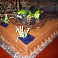 4-Wheeler Grooms Cake German chocolate cake. Fondant covered rice krispies to make 4-wheeler. Thank you to the CCer for inspiration, not sure who it was.