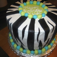 Zebra White cake w/ strawberry filling, BC w/ fondant accents