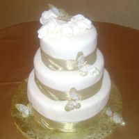 Ivory & Gold 3 Tier Ivory Fondant w/ gold ribbon and gold butterflies
