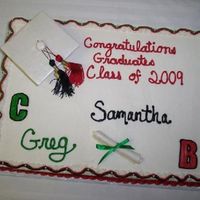 Double Graduation This is a chocolate cake filled with raspberry. The icing is Indydebi's BC and the colors are Sams Club But-R-Cream because I hate to...