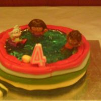 Dora The Explorer Paddling Pool Cake basic sponge cake the top hollowed out and filled with geletin coloured with blue food colouring surrounded with 'sausages'of...