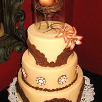 Bird In A Glass Dome Cream Fondant and Brown piping and mold work. Glass dome with bird and nest.