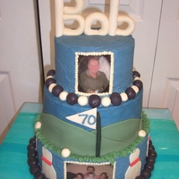 Golfing Bowling Cake 3 tiered, bottom tier picture with fondant pins and bowling balls as boarder, middle tier golf theme fondant hills, pole and golf balls,...